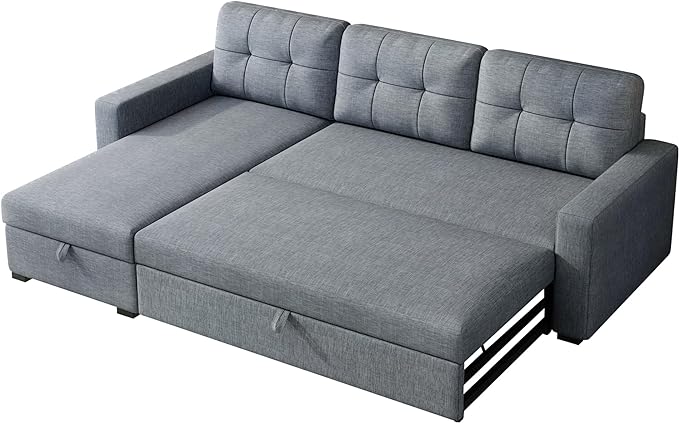 Pull Out Sofa Bed with Storage Chaise,L-Shape Sectional Corner Couch W/ 3 Back Cushions,Upholstered Convertible Sleeper for Apartment Dorm Living Room, Grey, 81.5", Light Grey2 - LeafyLoom