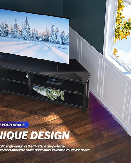 Unikito Corner TV Stand With Power Outlet, Corner Entertainment Center Corner TV Table With 4 Open Storage Corner TV Cabinet Wood TV Stand For Living Room,Bedroom Corner TV Stand For 55 inch TV, Black - LeafyLoom