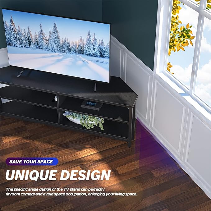 Unikito Corner TV Stand With Power Outlet, Corner Entertainment Center Corner TV Table With 4 Open Storage Corner TV Cabinet Wood TV Stand For Living Room,Bedroom Corner TV Stand For 55 inch TV, Black - LeafyLoom