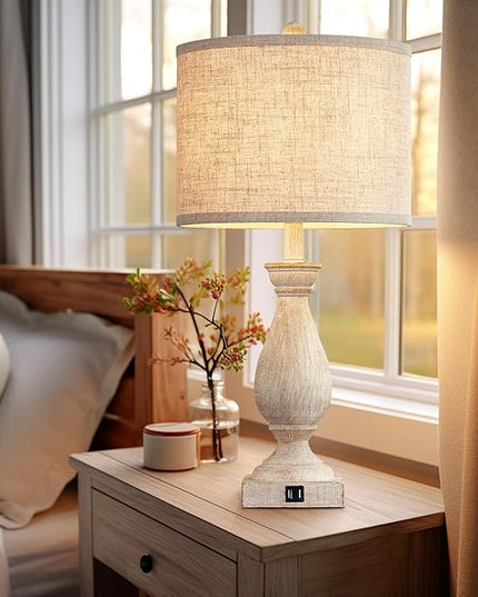 Farmhouse Table Lamps for Living Room Bedside Lamps for Nightstand Vintage Rustic Table Lamps for Bedrooms Set of 2 with USB Charging Ports Wooden Finish Bulbs Not Included - LeafyLoom