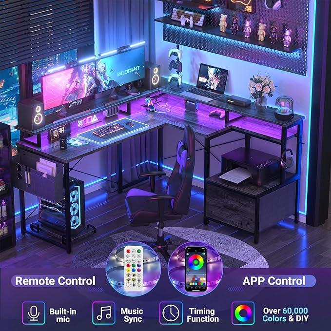 Unikito L Shaped Desk with File Drawer, Reversible L Shaped Computer Desk with Power Outlet & LED Lights, Home Office Desk Corner Desk with Monitor Shelf and Printer Cabinet, Gaming Desk, Black Oak - LeafyLoom