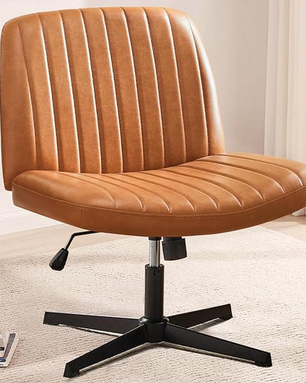 Sweetcrispy Cross Legged Office Chair, Criss Cross Chair Armless Wide Desk Chair No Wheels, Adjustable Swivel Home Office Vanity Chair - LeafyLoom