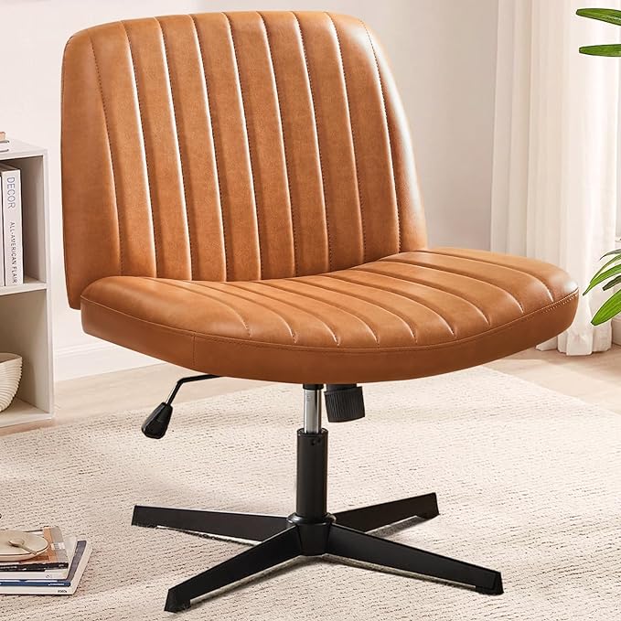 Sweetcrispy Cross Legged Office Chair, Criss Cross Chair Armless Wide Desk Chair No Wheels, Adjustable Swivel Home Office Vanity Chair - LeafyLoom