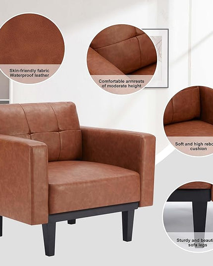 Mid-Century Leather Accent Chair set of 2 with Wood Base & Legs,Oversized Upholstered Single Sofa Chair, Comfy Living Room Armchairs for Apartment Bedroom Office Study, Cognac/Brown - LeafyLoom