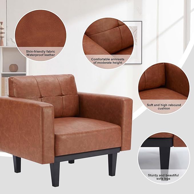 Mid-Century Leather Accent Chair set of 2 with Wood Base & Legs,Oversized Upholstered Single Sofa Chair, Comfy Living Room Armchairs for Apartment Bedroom Office Study, Cognac/Brown - LeafyLoom