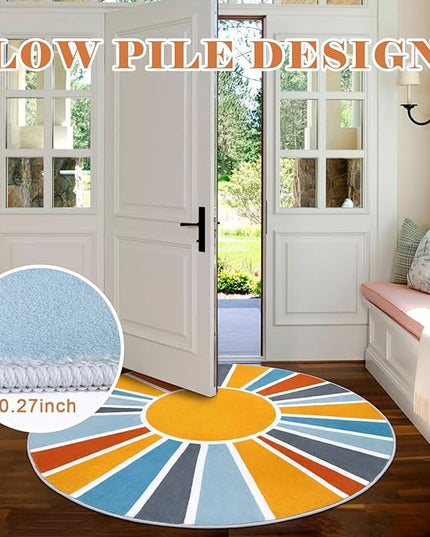 Topotdor Sun Rainbow Round Rug 4ft Boho Kids Nursery Rug, Colorful Washable Area Rug Ultra Soft Circle Classroom Rug Non-Slip for Bedroom Living Room Playroom Decor, Blue - LeafyLoom