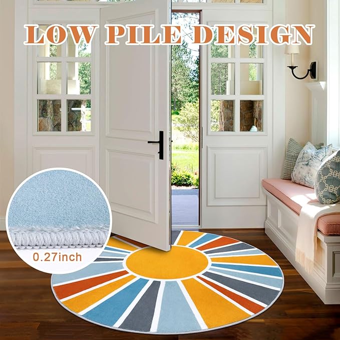 Topotdor Sun Rainbow Round Rug 4ft Boho Kids Nursery Rug, Colorful Washable Area Rug Ultra Soft Circle Classroom Rug Non-Slip for Bedroom Living Room Playroom Decor, Blue - LeafyLoom