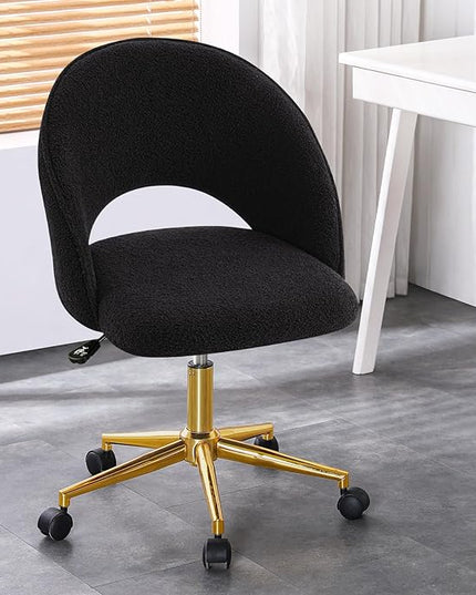Furniliving Home Vanity Desk Chair, Modern Cute Desk Chairs Adjustment Height Chair with Swivel Wheels Upholstered Sherpa Gold Metal Base for Makeup Living Room Bedroom,Black - LeafyLoom
