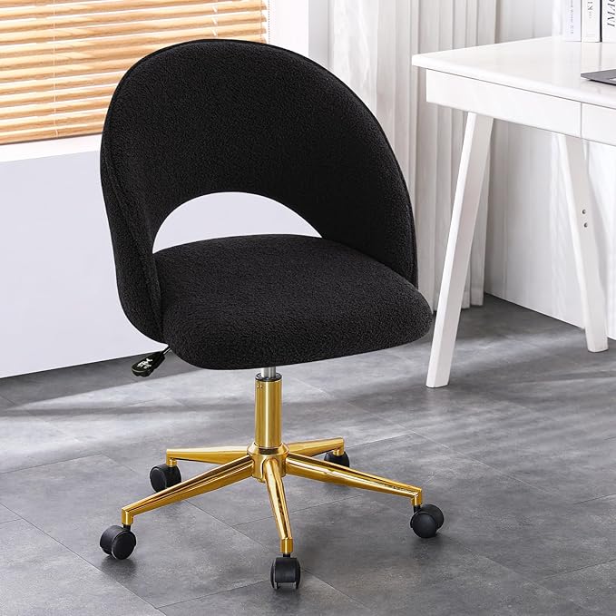 Furniliving Home Vanity Desk Chair, Modern Cute Desk Chairs Adjustment Height Chair with Swivel Wheels Upholstered Sherpa Gold Metal Base for Makeup Living Room Bedroom,Black - LeafyLoom