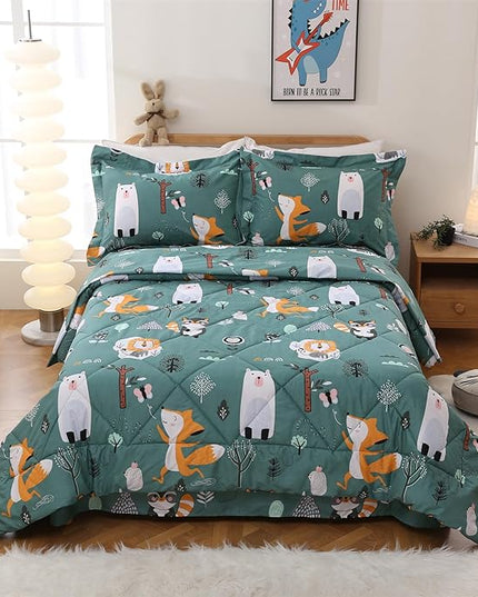 JSD Green Animal Forest Kids Comforter Set, 2 Pieces Twin Microfiber Comforter with Pillow Sham, Soft Comfortable Machine Washable - LeafyLoom