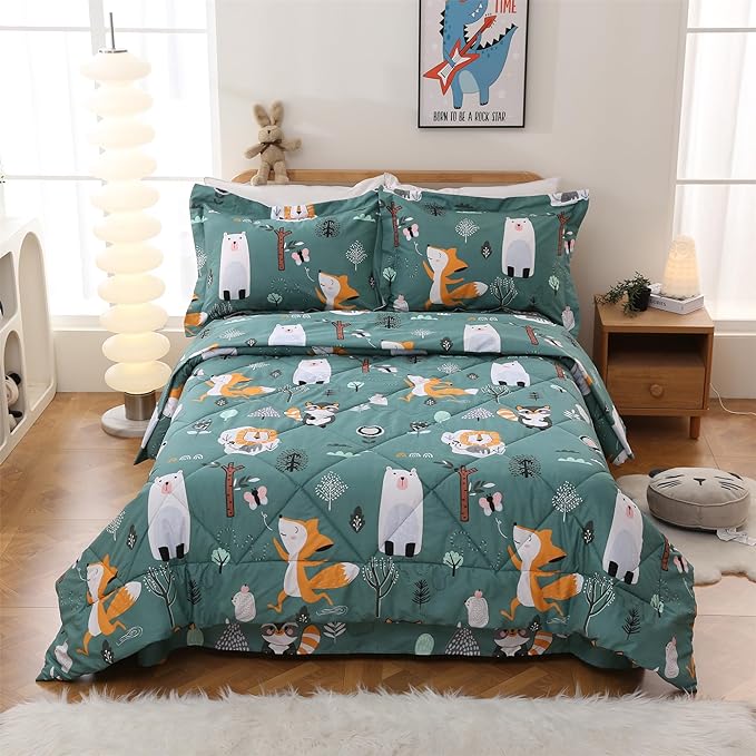 JSD Green Animal Forest Kids Comforter Set, 3 Pieces Full Microfiber Comforter with Pillow Shams, Soft Comfortable Machine Washable - LeafyLoom