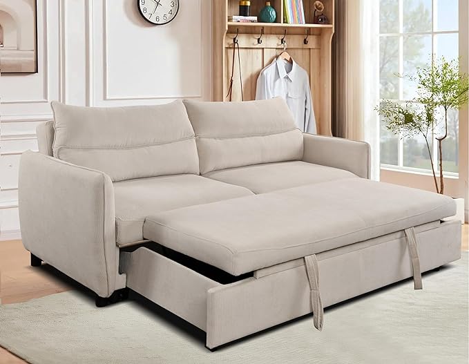 Queen Size Loveseat Sleeper Sofa,3 in 1 Soft Corduroy Upholstered Oversized Convertible Love Seat Sofabed cum Daybed W/Pull Out Sleep Couch Bed and Reclining Backrest for Living Space, 75“, Beige - LeafyLoom