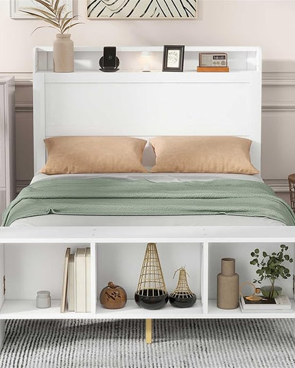 Merax Twin Size Platform Bed with Storage,Led Light and USB Ports,Kids Twin Bed Frame with Built-in Shelves and Cabinet,Kids Storage Bed Frames - LeafyLoom