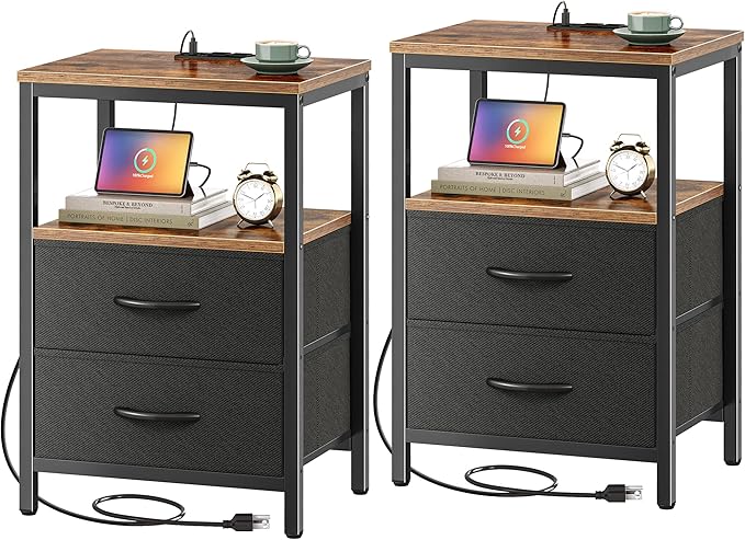 Nightstands Set of 2, End Tables with Charging Station, Side Tables with Fabric Drawers, Bedside Tables with USB Ports and Outlets, Night Stands for Bedroom, Rustic Brown and Black - LeafyLoom