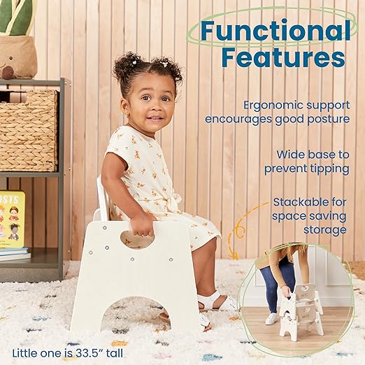 ECR4Kids Stackable Wooden Toddler Chair, 8in, Kids Furniture, White Wash, 2-Pack - LeafyLoom