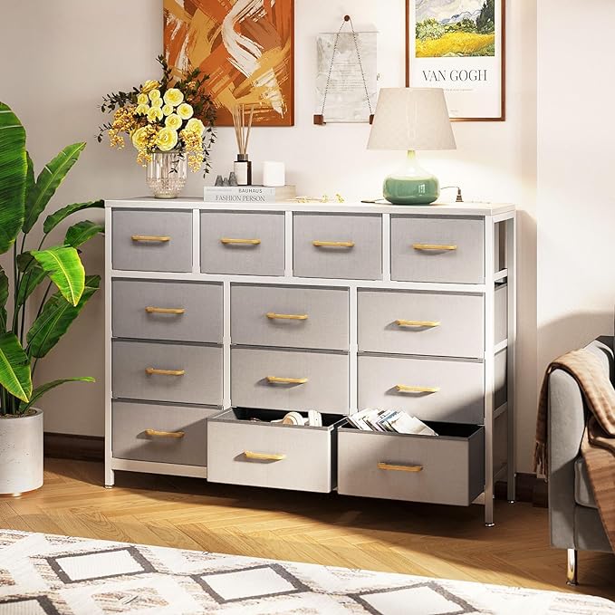 ODK Dresser with Charging Station, 57-Inch Long Dresser TV Stand for Bedroom, Large Dresser with 13 Storage Drawers, Chest of Drawers Easy-Pull Fabric Dressers for Living Room, Grey - LeafyLoom