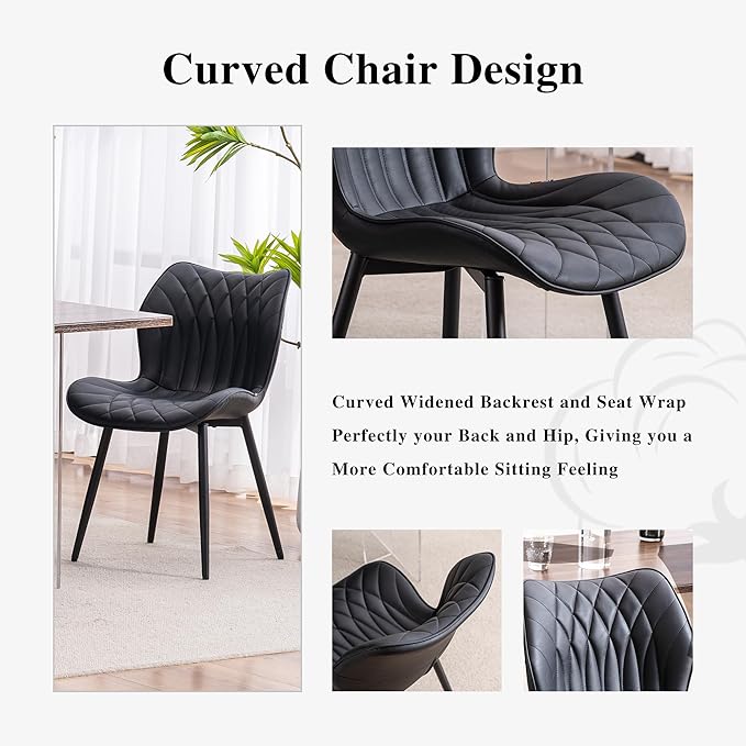 YOUNIKE Dining Chairs Set of 2, Upholstered Faux Leather Kitchen & Dining Room Chairs, Modern Living Room Bedroom Side Chairs with Wide Wing Back and Adjustable Metal Legs, Black - LeafyLoom