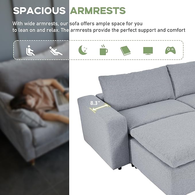 152" Oversized Modular U-Shape, Filled Upholstered Sectional Set with 2 Large Removable Ottomans Customizable Sleeper Chaise Lounge,Sofas & Couches(6-Seater), Light Gray - LeafyLoom