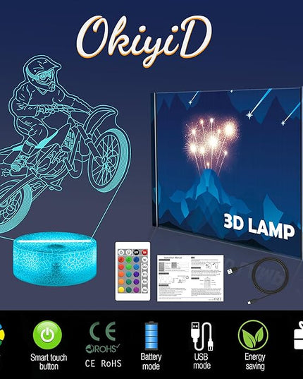 Dirt Bike Night Light, Dirt Bike Gift, 3D Illusion Lamp, 3D Dirt Bike Night Light with Remote and Touch Control, Dirt Bike Decor for Kids Room, Girls Birthday Gifts - LeafyLoom