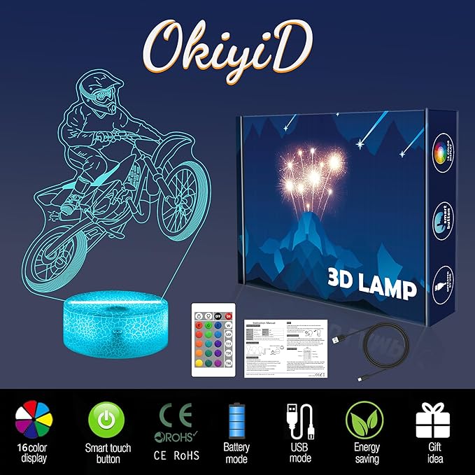 Dirt Bike Night Light, Dirt Bike Gift, 3D Illusion Lamp, 3D Dirt Bike Night Light with Remote and Touch Control, Dirt Bike Decor for Kids Room, Girls Birthday Gifts - LeafyLoom