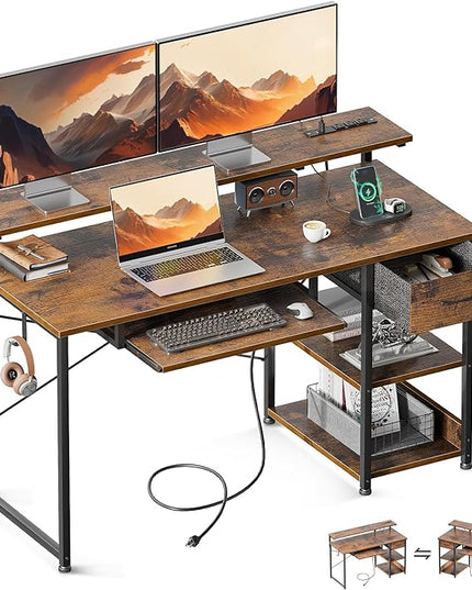 AODK Computer Desk with Keyboard Tray, 48 Inch Office Desk with Power Outlet, Work Desk with Drawer, Reversible Desk with Adjustable Monitor Shelf and Storage Shelf for Home, Rustic Brown - LeafyLoom