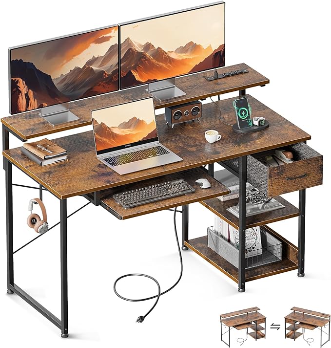 AODK Computer Desk with Keyboard Tray, 48 Inch Office Desk with Power Outlet, Work Desk with Drawer, Reversible Desk with Adjustable Monitor Shelf and Storage Shelf for Home, Rustic Brown - LeafyLoom