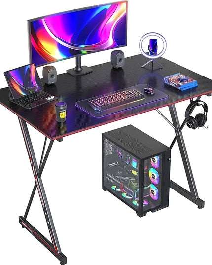 CubiCubi Gaming Desk 40 Inch PC Computer Desk, Carbon Fiber Home Office Desk Table Gamer Workstation, Simple Game Table with Headphone Hook, Black - LeafyLoom