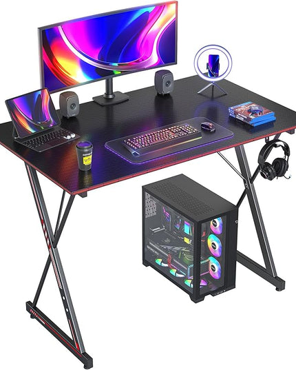 CubiCubi Gaming Desk 47 Inch PC Computer Desk, Carbon Fiber Home Office Desk Table Gamer Workstation, Simple Game Table with Headphone Hook, Black - LeafyLoom