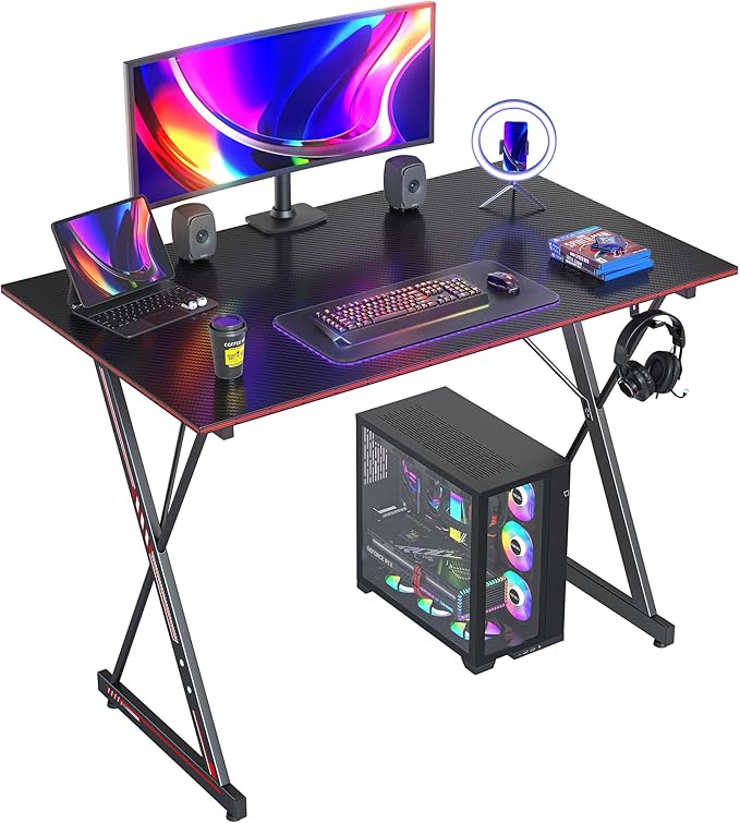 CubiCubi Gaming Desk 47 Inch PC Computer Desk, Carbon Fiber Home Office Desk Table Gamer Workstation, Simple Game Table with Headphone Hook, Black - LeafyLoom