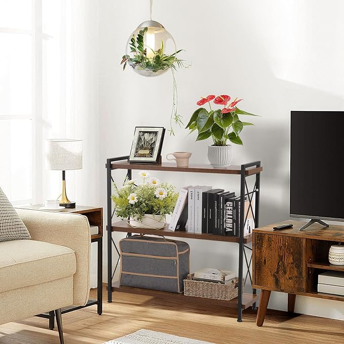 Industrial Bookshelf,Rustic Open Shelf Bookcase,3 Tier Book Shelf for Bedroom Office Living Room,Small Bookshelf for Small Spaces with Metal Frame - LeafyLoom