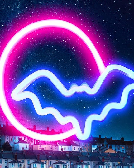 Bat Neon Signs Halloween Decorations, Moon&Bat LED Neon Lights for Wall Decor Battery/USB Operated Night Lights Bat&Moon Lamp for Home, Christmas, Teen Kids Game Room Decor (Pink Moon&Blue Bat) - LeafyLoom