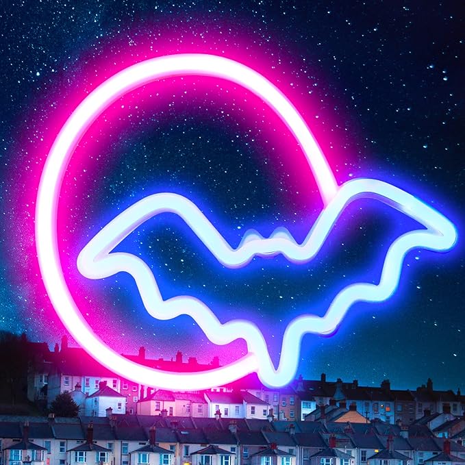 Bat Neon Signs Halloween Decorations, Moon&Bat LED Neon Lights for Wall Decor Battery/USB Operated Night Lights Bat&Moon Lamp for Home, Christmas, Teen Kids Game Room Decor (Pink Moon&Blue Bat) - LeafyLoom