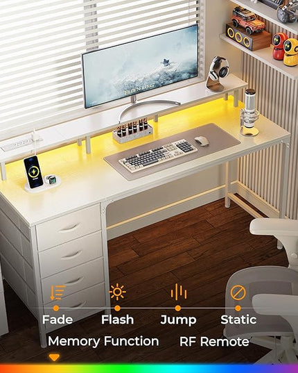 55 Inch Computer Desk with Power Outlets and LED Lights, Gaming Desk with 4 Drawers, Office Desk with Monitor Stand, Study Desk Work Desk for Home Office, White - LeafyLoom