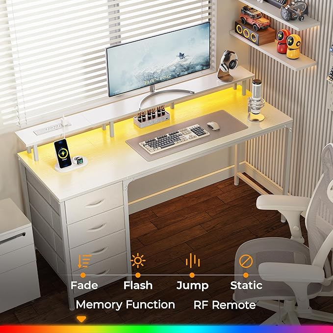 55 Inch Computer Desk with Power Outlets and LED Lights, Gaming Desk with 4 Drawers, Office Desk with Monitor Stand, Study Desk Work Desk for Home Office, White - LeafyLoom