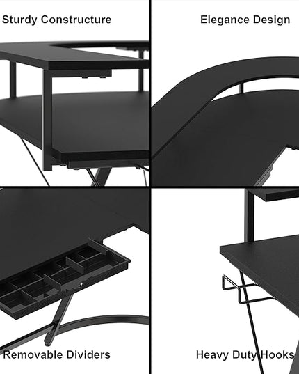 SHW Vista L Desk with U Monitor Stand and Drawer, Black - LeafyLoom