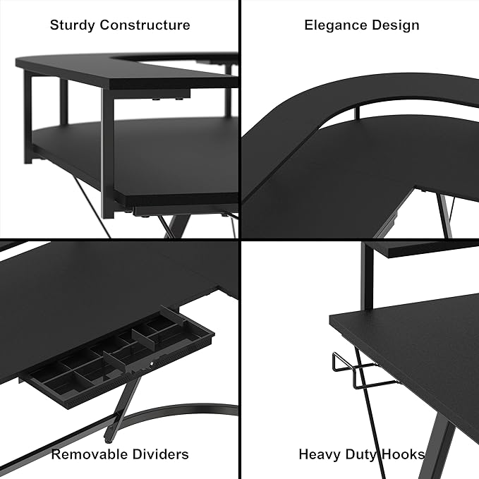 SHW Vista L Desk with U Monitor Stand and Drawer, Black - LeafyLoom