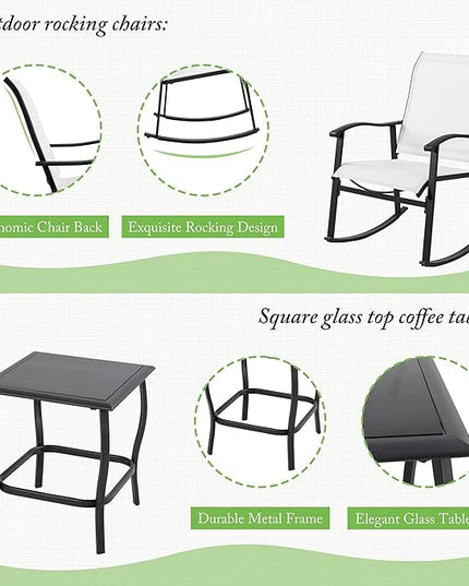 Shintenchi 3 Piece Rocking Bistro Set, Outdoor Furniture with Rocker Chairs and Glass coffee table set of 3, Balcony, Porch Furniture for Small Space, White - LeafyLoom