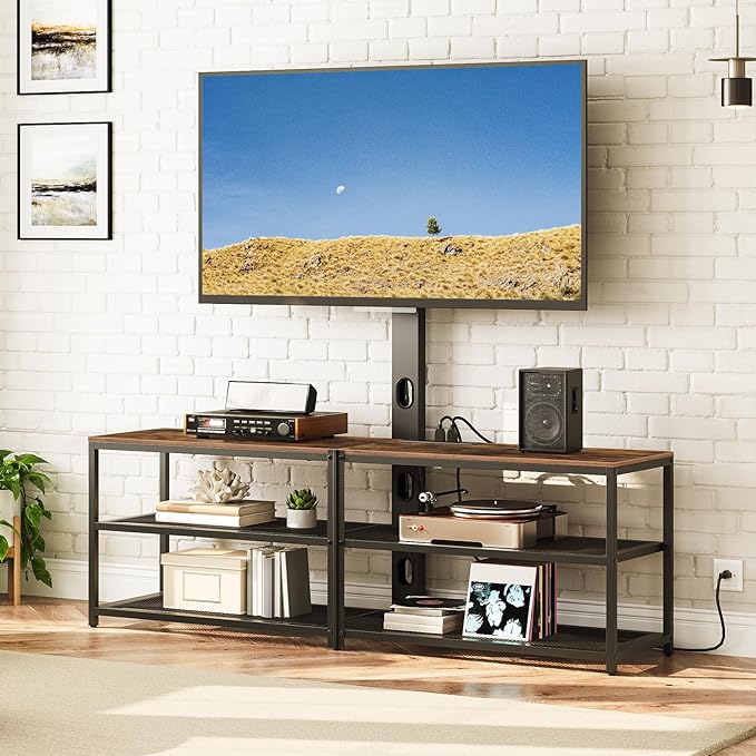 TV Stand with Mount and 4 Power Outlets 59", Entertainment Center Media Console, Swivel TV Stand Mount up to 75 inch TVs, Height Adjustable, Metal Frame for Living Room, Bedroom TVHR35E01V - LeafyLoom