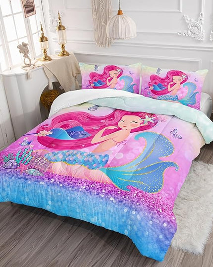 Mermaid Butterfly Comforter Set Full Size Fairy Tale Sea Shell Grass Bedding Set Colorful Rainbow Quilt Bed Set for Kid Girls with 1 Comforter and 2 Pillowcases - LeafyLoom