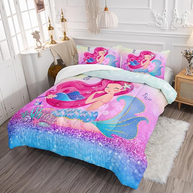 Mermaid Butterfly Comforter Set Full Size Fairy Tale Sea Shell Grass Bedding Set Colorful Rainbow Quilt Bed Set for Kid Girls with 1 Comforter and 2 Pillowcases - LeafyLoom