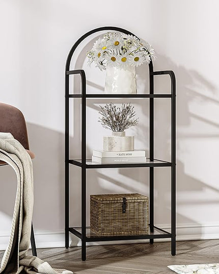 Bookcase Bookshelf, Tempered Glass Bookshelves, Slim Shelving Unit for Bedroom, Bathroom, Home Office, Steel Frame, 3 Tier Black BC10301B - LeafyLoom