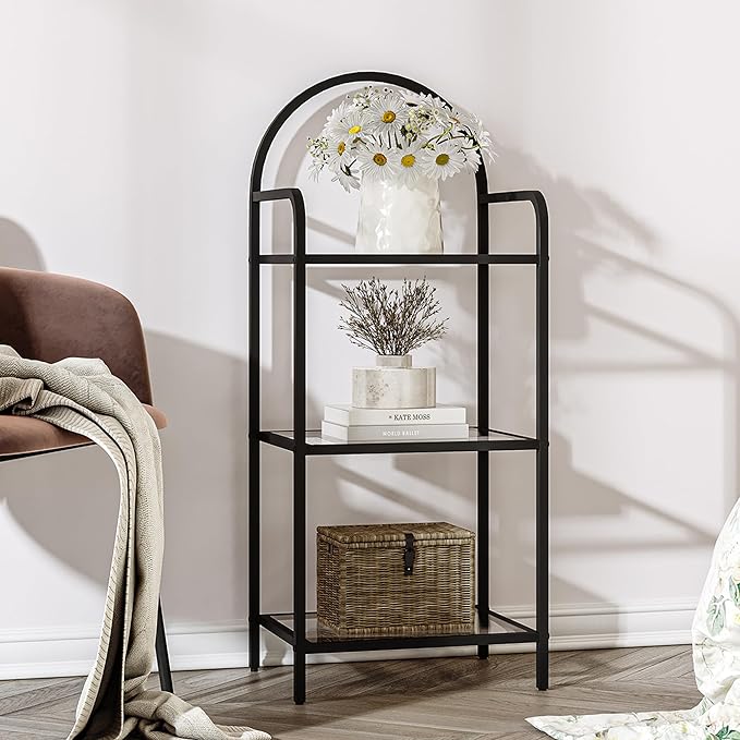 Bookcase Bookshelf, Tempered Glass Bookshelves, Slim Shelving Unit for Bedroom, Bathroom, Home Office, Steel Frame, 3 Tier Black BC10301B - LeafyLoom