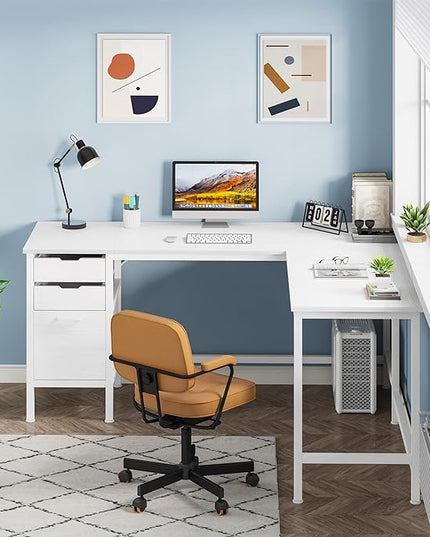 Tribesigns L Shaped Desk with File Drawer Cabinet, 59 Inch Corner Desk L Shaped Computer Desk with Drawers, PC Table Writing Desk for Home Office, White - LeafyLoom