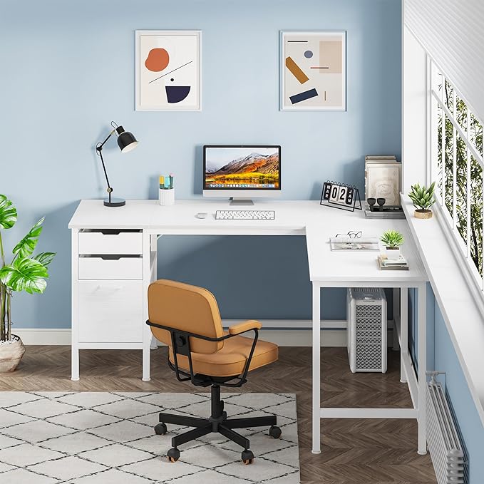 Tribesigns L Shaped Desk with File Drawer Cabinet, 59 Inch Corner Desk L Shaped Computer Desk with Drawers, PC Table Writing Desk for Home Office, White - LeafyLoom
