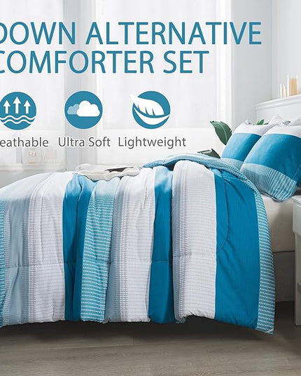 Andency Stripe Comforter Set Twin Size (66x90 Inch), 2 Pieces Teal Patchwork Striped Comforter, Soft Microfiber Down Alternative Comforter Bedding Set with Corner Loops - LeafyLoom