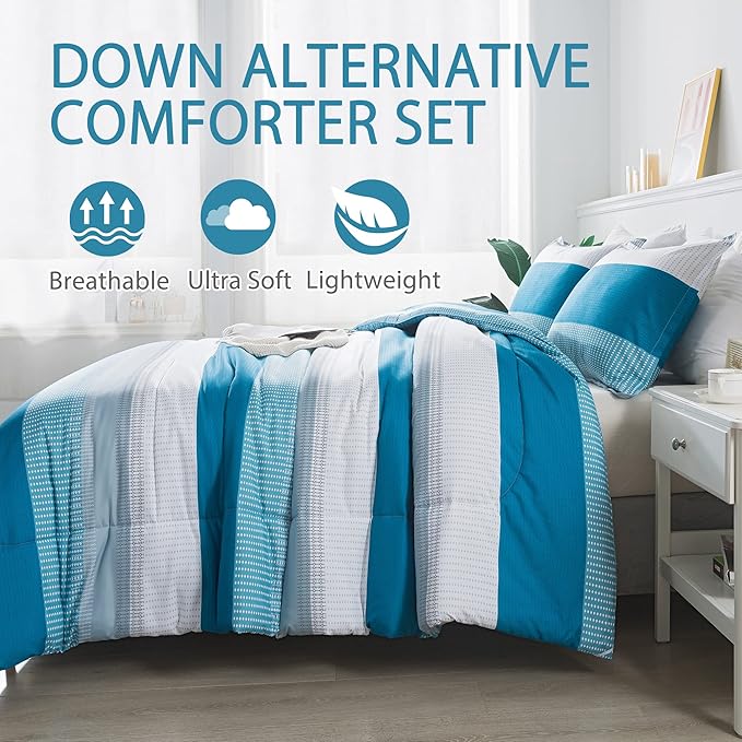 Andency Stripe Comforter Set Queen Size (90x90 Inch), 3 Pieces Teal Patchwork Striped Comforter, Soft Microfiber Down Alternative Comforter Bedding Set with Corner Loops - LeafyLoom