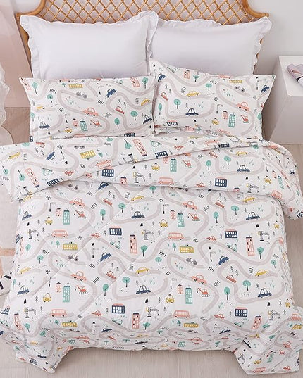 JSD Car Kids Printed Comforter Set for Boys Girls, 3 Pieces Queen Microfiber Comforter with Pillow Sham, Soft Comfortable Machine Washable - LeafyLoom