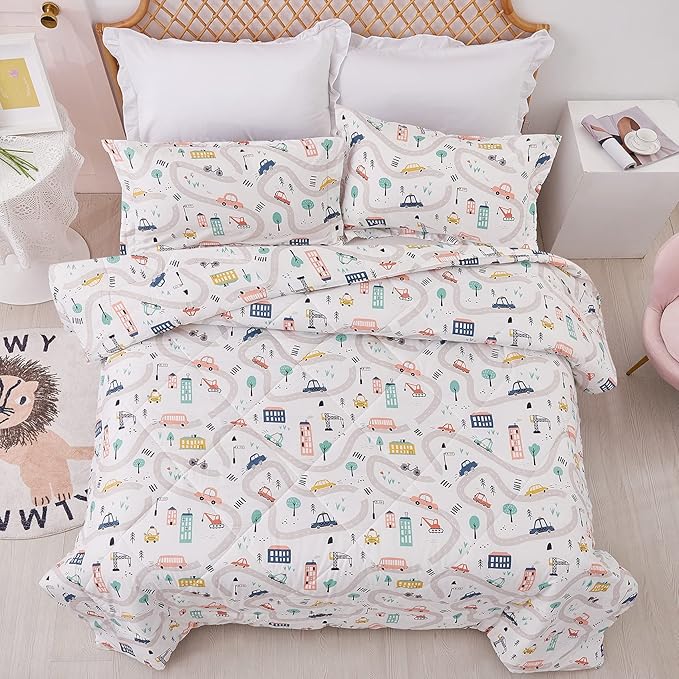 JSD Car Kids Printed Comforter Set for Boys Girls, 3 Pieces Queen Microfiber Comforter with Pillow Sham, Soft Comfortable Machine Washable - LeafyLoom