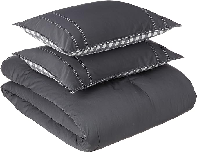 Eddie Bauer - Queen Comforter Set, Reversible Cotton Bedding with Matching Shams, Pre-Washed for Added Softness (Kingston Charcoal, Queen) - LeafyLoom
