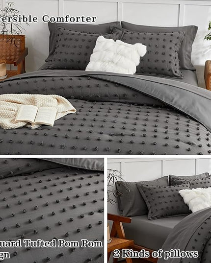 7 Pieces Tufted Dots Bed in a Bag Queen Comforter Set with Sheets Grey , Soft and Embroidery Shabby Chic Boho Comforters, Solid Color with Pom Pom Design, Jacquard Tufts Bedding Set for All Season - LeafyLoom